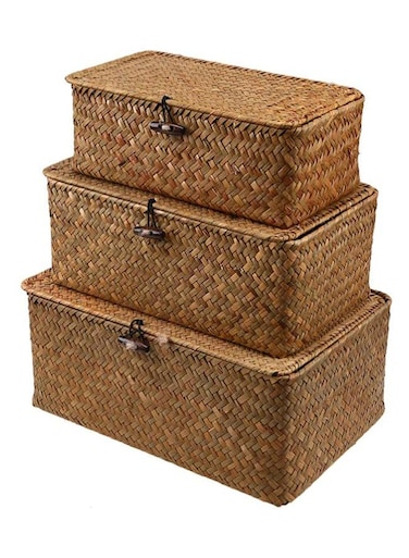 Set of 3 Shelf Basket with Lid for Home Decor Seagrass Storage Baskets Natural Rattan Woven Rectangular Organizer Box