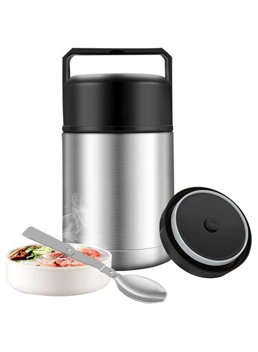 Food Thermos, Insulated Food Container, Vacuum Sealed Stainless Steel Food Container for Hot and Cold Meals Perfect for School, Office, and Travel, Give a Spoon (Silver, 1L)