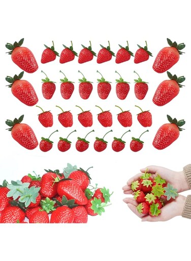 Jemey 30pcs Artificial Strawberry, 5 Size Lifelike Fruit Plastic Strawberries, Fake Fruit Strawberry for Home, Kitchen, Cabinet, Party Decor, Photography Prop