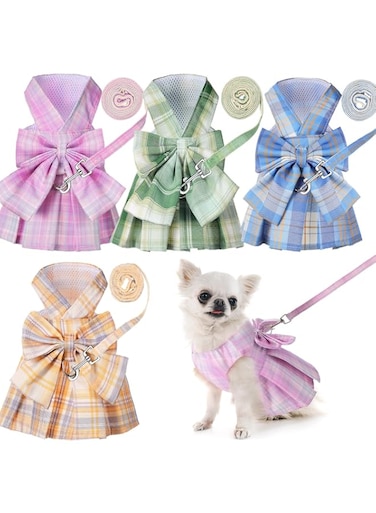 Potchen 4 Pcs Cute Plaid Dog Dress Set with Bow Tie Harness &amp; Leash for Small Dogs, Puppy Clothes for Girls Summer Outfits(M,Light Color)