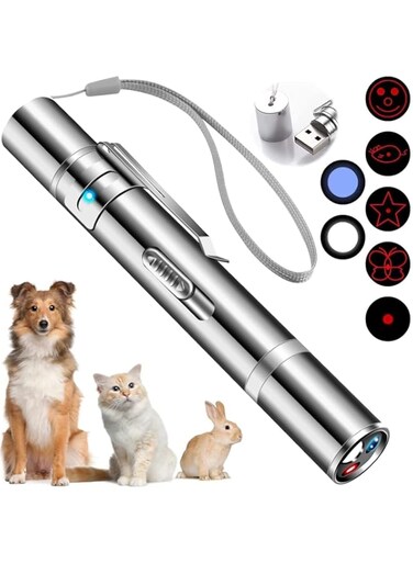 Delieu Cat Toy, Cat Chaser Toys Interactive Chase Cat Dog Toys, 7 in 1 Multi-Pattern Long Range 3 Modes Projection Playpen for Kitten Outdoor Pet Chaser Tease Stick Training Exercise, USB Recharge