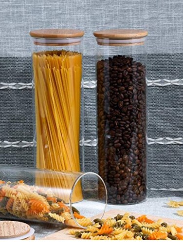 Set of 2 -2200 ML Borosilicate Glass Storage Jar With Airtight Bamboo Lid, Clear Glass Container, Pantry Organizer For Spaghetti, Pasta, Noodles, Coffee, Tea, Sugar etc