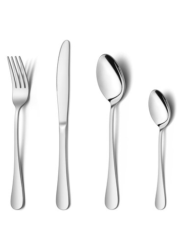 4-Piece Stainless Steel Flatware Cutlery Set Spoons Forks Knives for Home Kitchen Tableware for Dinner Simple Design and Mirror Finish Dishwasher Safe