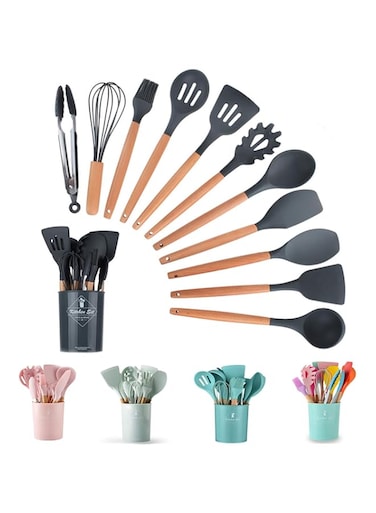 SHOWAY 11 Pcs Silicone Cooking Utensil Kitchen Set, Kitchen Utensils Set with Wood Handles for Nonstick Cookware Set, Great Kitchen Tools