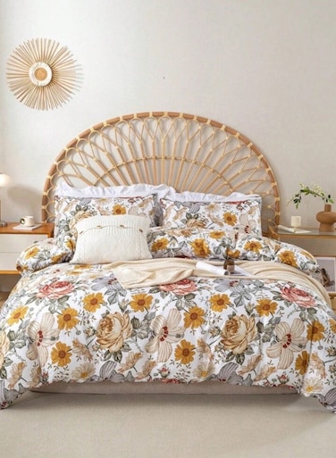 Home Queen size 6 pieces duvet cover set, brown floral pattern, boho style.