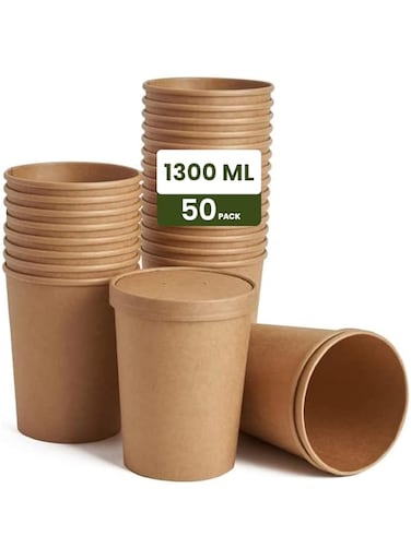 Ecoway Paper Disposable Cups 32 Oz - Pack Of 50 Ice Cream Cup Without Lid Eco-Friendly Desert Bowls Hot Or Cold Food Cups, Tea Cup, Coffee Cup Biodegradable Party Supplies, Yogurt Take Outs, Brown