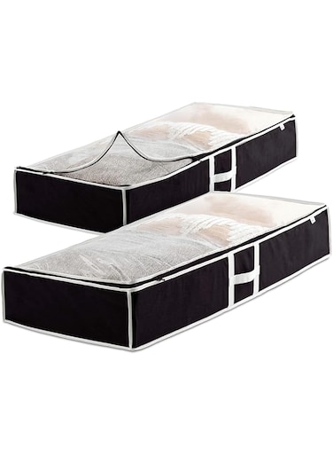 Zober Under Bed Storage - Pack of 2 Under Bed Storage Containers for Clothes, Blankets, Winter Clothing, &amp; Shoes - Under The Bed Storage with Handles, Dual Zippers, &amp; Clear Top (Black)