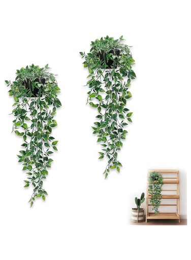 KASTWAVE Artificial Hanging Plants &ndash; Set of 2 Realistic Indoor/Outdoor Faux Greenery for Home, Office, Garden, Shelf, or Wall Decor &ndash; Stylish Fake Potted Plant Set