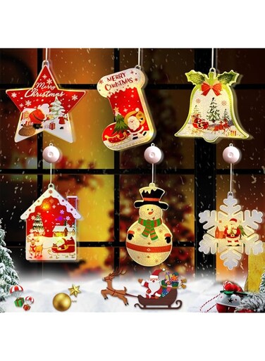 Yoawllty Christmas Decorations for Home, 6Pcs Christmas Window Lights Decorations, Warm White Lighted Tree Bell Star Shaped Sucker Lamp for Xmas Tree (style 2)