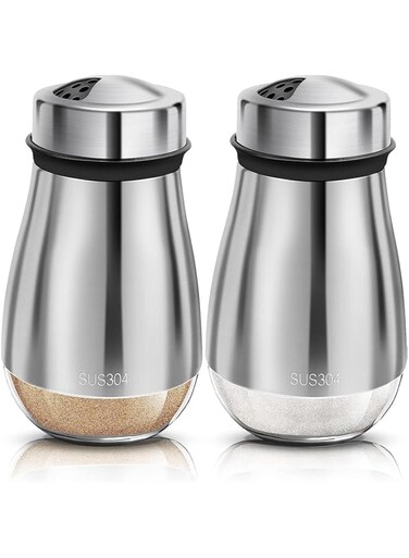 Alybrol 2pack Salt and Pepper Shakers Set,Salt Shaker With Adjustable Pour Holes,304 Stainless Steel &amp; Glass Salt Pepper Shakers,Refillable Spice Dispenser, For Pepper Salts Seasoning