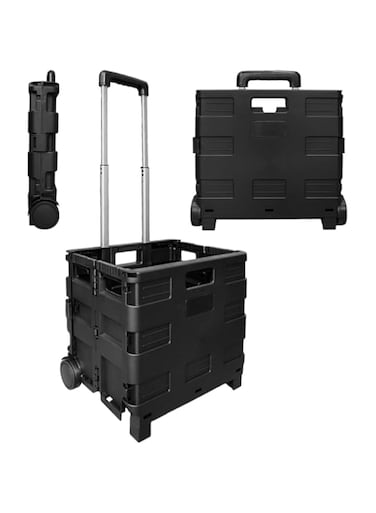 Berry 40L Foldable Shopping Trolley - Black, Plastic Trolley Cart with 2 Wheels, Portable Cart with Telescopic Handle, Multipurpose Utility Cart for Shopping, Teacher, Laundry, and More