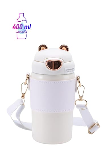 Stainless Steel Water Bottle with Straw Lid &acirc;&euro;&ldquo; Vacuum Insulated &amp; Leak Proof (White, 400ml)