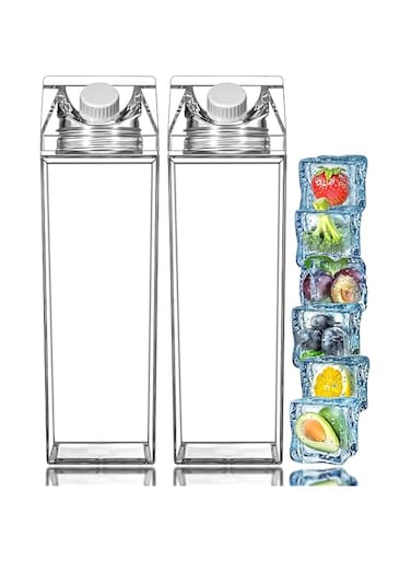 2Pcs Milk Carton Water Bottle 17oz (500mL) Plastic Clear Square Milk Bottles No BPA Leakproof Water Bottle Portable Reusable Milk Carton Shaped Juice Bottle Perfect for Fitness Gym Camping Sports