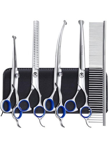 Gimars Professional 4CR Stainless Steel 6 in 1 Grooming Scissors for Dogs with Safety Round Tip, Heavy Duty Titanium Coated Pet Grooming Scissor for Dogs, Cats and Other Animals
