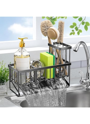Kitchen Sink Caddy, Kitchen Sponge Holder with Auto Draining Tray,Kitchen Sink Organizer with Brush Holder,Rustproof 304 Stainless Steel Dish Soap Holder for Kitchen Sink(Black) (grey)