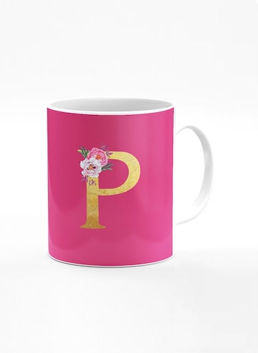 Designer Printed Coffee Mug 11oz Ceramic Personalised Gift Mugs Cup -Custom Monogram Initial Letter Floral Pattern Alphabet - P (Dark Pink Rose)