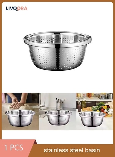 Stainless Steel Strainer Basket 28cm &acirc;&euro;&ldquo; Metal Mesh Colander for Washing Fruits, Vegetables, Pasta &amp; Rice &acirc;&euro;&ldquo; Durable Sink Drain Bowl (Silver)