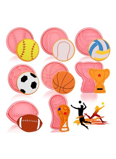 Sport-Themed Cookie Stamps Set - 8 Pieces 3D Football, Volleyball, Soccer, Basketball, and Flower Shape Biscuit Cutters for DIY Cookies and Cake Decorating Supplies. Perfect for Baking Fun!