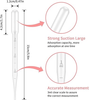 100 Pcs Pasteur Pipettes 3ml, Disposable Plastic Transfer Pipette Dropper Graduated Calibrated Lab Pipettes for Science Laboratory, Experiment, Make up Tool