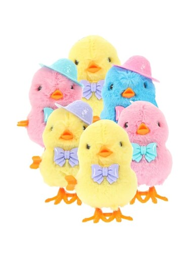 ORFOFE 6Pcs Wind Up Chick Plush Toys for Jumping Chickens with Bow Ties and Hats for Basket Stuffers Party Favors and Goody Bag Fillers