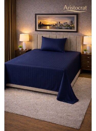 2&acirc;&euro;&lsquo;Piece Striped Microfiber Flat Bed Sheet Set Single 160x220cm &acirc;&euro;&ldquo; Soft Breathable Flat Sheet with 1 Pillowcase 50x70cm, Royal Blue Microfiber Royal Blue 160x220cm