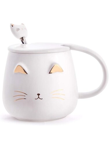 Angelice Home White Cat Mug, Cute Kitty Ceramic Coffee Mug with Stainless Steel Spoon, Novelty Coffee Mug Cup for Cat Lovers Women Girls
