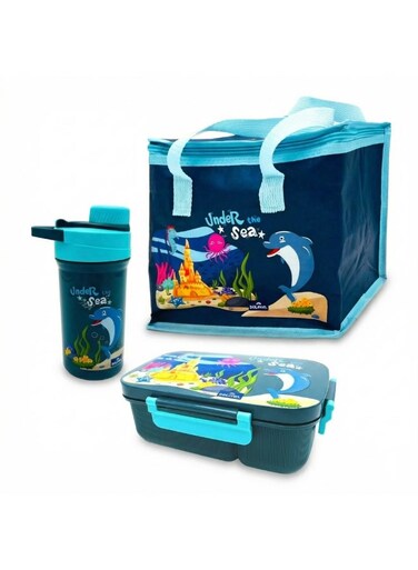 Lunch Box Set Blue, 3-Compartment Bento Box 1800 ml with Water Bottle &amp; Thermal Bag