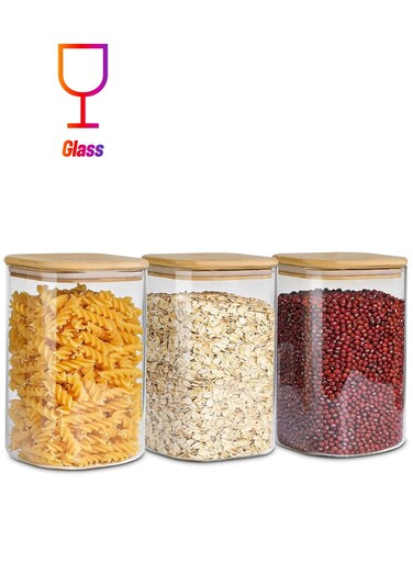 3-Piece Set of Square Glass Storage Jars with Wooden Lids, 1100ML/37OZ Airtight Food Containers, Preservation Jars &amp; Storage Boxes for Pasta, Flour, Grains, Spices, Tea, Coffee Beans, &amp; Other Kitchen Staples - Perfect for Long-Term Food Preservation &amp; Organization