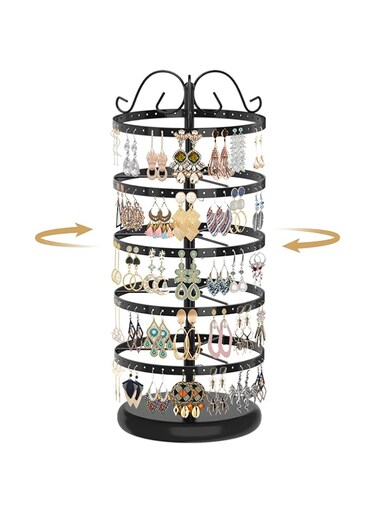 MODOWEY 5 Tiers Metal Rotating Earring Holder Organizer, Exquisite Jewelry Display Stand Necklace Rack Holder, 220 Holes for Earrings- 14x6.3 Inch (Black)