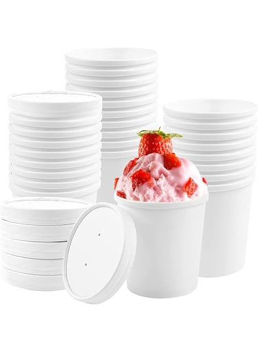 50 Pcs 16oz White Kraft Paper Soup Bowls With Vented Lid Disposable Food Cups. Great For Restaurants, Take-Outs, Or To-Go Lunch by SNH Packing