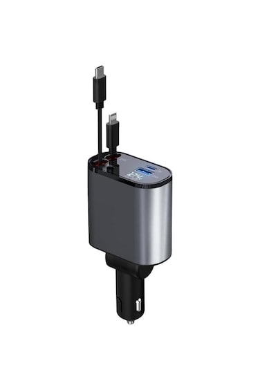 120W 4-in-1 car charger with LED display, dual USB ports, Type-C &amp; Lightning cables, PD support.