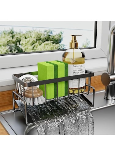 DIKENLAND Sponge Holder Sink Caddy for Kitchen Sink with Dishcloth Rack, Stainless Steel Kitchen Sink Organiser for Sponge, Soap, Dish Brush, Soap Dispenser Kitchen Organizers and Storage Essentials