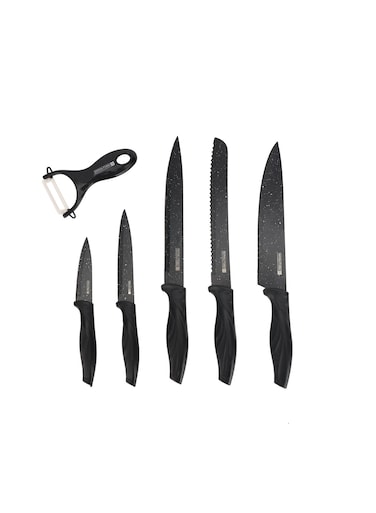 Kitchen Knife Set- RF12580/ Pack of 6, Includes Chef, Slicing, Utility, Fruit, Bread Knife and Ceramic Peeler/ Granite Coated Blades, Ergonomic Design with Comfortable PP Handle Black
