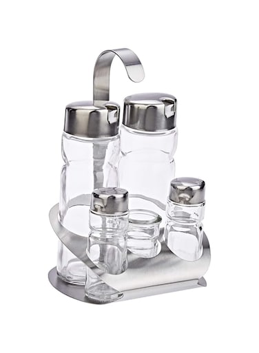 Harmony 83123 Salt And Pepper Shakers And Oil And Vinegar Bottles Set With Metal Stand Set - 5 Pieces - Clear