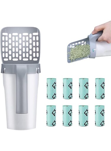 Masroo Cat Litter Scoop with Bag Holder, Integrated Detachable Deep Cat Litter Shovel with Poop Sifting and 120 Litter Bags (grey)