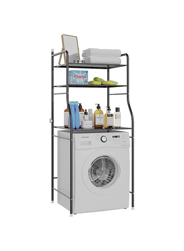 0TO1 3-Tier Bathroom Storage Shelf, Over The Toilet/Washing Machine Storage Rack, Bathroom Space Saver, Multifunctional Storage Rack with Hanging Hooks, Easy To Assemble, No Drilling, Black (152*68cm)