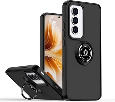 Oppo Reno12 Pro Case Flexible Silicone Protective Bumper,Camera Protection Translucent Shockproof Matte Back Cover with 360 rotational Ring Holder For Reno 12 Pro (Black)