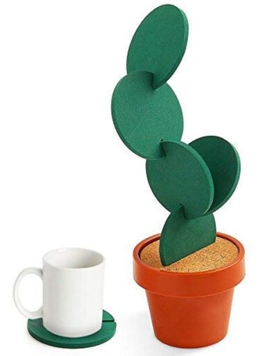 DIY Cactus Coaster Set of 6 Pieces with Flowerpot Holder for Drinks Novelty Gift for Home Office Bar Decor and Improvement, Brand