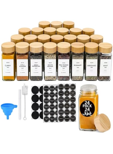 Arabest Glass Spice Jars with Bamboo Lids of 24,120 ml Glass Jars with Minimalist Farmhouse Spice Labels Stickers,Marker Pen,Collapsible Funnel,Seasoning Storage Bottles for Spice Rack,Cabinet,Drawer