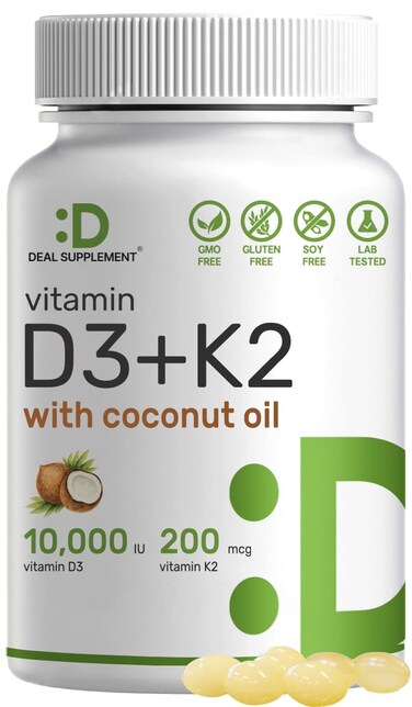 DEAL SUPPLEMENT Sunshine Vitamin D  Vitamin D3 10000 IU with K2 MK7 200mcg Infused with Virgin Coconut Oil Support Healthy Bones Teeth and Immune System  Easy to Swallow