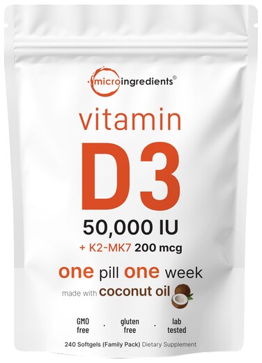Micro Ingredients Vitamin D3 50000 IU Plus K2 MK7 200 mcg 240 Virgin Coconut Oil Softgels  2 in 1 Vitamins D  K Complex  Supports Calcium Absorption Bone Immune  Heart Health