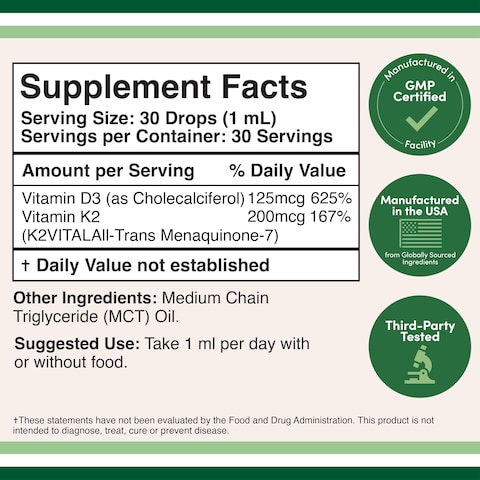 Vitamin D3 K2 5000 IU Liquid Drops 5000 IU of D3 and 200mcg of 999 AllTrans Patented K2 MK7 K2Vital Max Absorption Liquid Vitamin D Drops 30 Servings by Double Wood