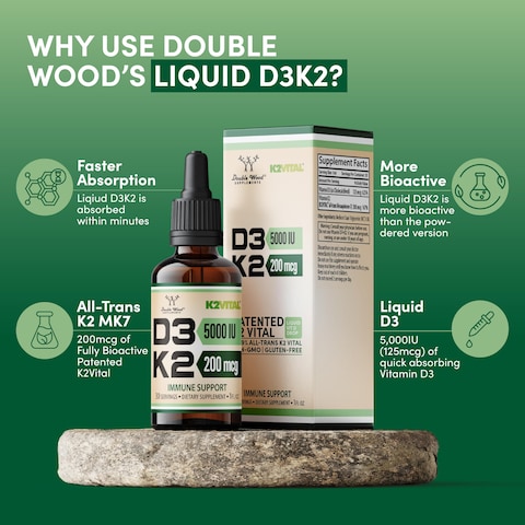 Vitamin D3 K2 5000 IU Liquid Drops 5000 IU of D3 and 200mcg of 999 AllTrans Patented K2 MK7 K2Vital Max Absorption Liquid Vitamin D Drops 30 Servings by Double Wood