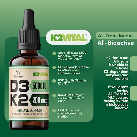 Vitamin D3 K2 5000 IU Liquid Drops 5000 IU of D3 and 200mcg of 999 AllTrans Patented K2 MK7 K2Vital Max Absorption Liquid Vitamin D Drops 30 Servings by Double Wood