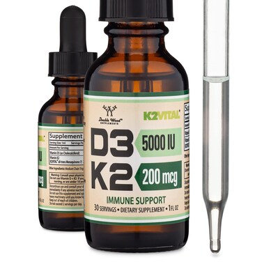 Vitamin D3 K2 5000 IU Liquid Drops 5000 IU of D3 and 200mcg of 999 AllTrans Patented K2 MK7 K2Vital Max Absorption Liquid Vitamin D Drops 30 Servings by Double Wood
