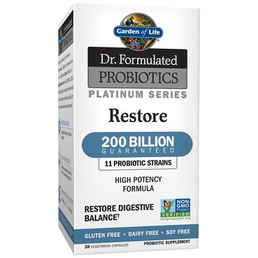 Garden of Life Dr Formulated Probiotics Platinum Series Restore 200 Billion CFU Guaranteed High Potency Probiotic Formula Vegan NonGMO Gluten Dairy Free Digestive Immune Support 28 Capsules