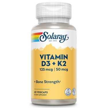 SOLARAY Vitamin D3 K2 Bone Health and Immune Support Supplement With 5000 IU Vitamin D as Vit D3 and 50 mcg Vitamin K2 as Menoquinone MK7 Made Without Soy 60 Serv 60 VegCaps