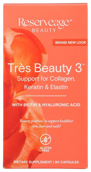Reserveage Beauty Tres Beauty 3 Beauty Supplement for Hair Growth Skin Care and Nail Care Collagen Supplement with Keratin and Biotin Gluten Free 90 Capsules 30 Servings