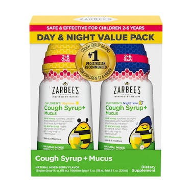 ZarbeesKids Cough  Mucus DayNight Value Pack for Children 26 with Dark Honey Ivy Leaf Zinc  Elderberry 1 Pediatrician Recommended Drug  AlcoholFree Mixed Berry Flavor 2x4FL Oz