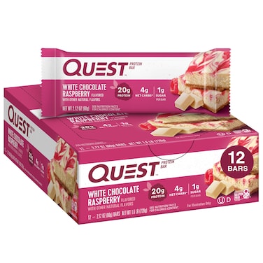 Quest NutritionWhite Chocolate Raspberry Protein Bars 20g Protein 1g Sugar 5g Net Carb Gluten Free Keto Friendly 12 Count